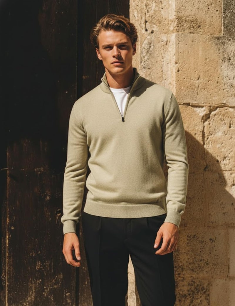 H2H Men's Casual Slim Fit 1/4 Zip up Long Sleeve Pullover Mock Neck Sweater Beige US L/Asia XL (KMOSWL021) - Image 2